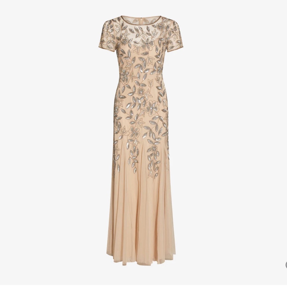 Adrianna Papell HAND BEADED SHORT SLEEVE FLORAL GODET GOWN IN TAUPE PINK